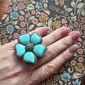 VNT Sterling Silver Turquoise Flower Statement Ring Size 6 Thailand